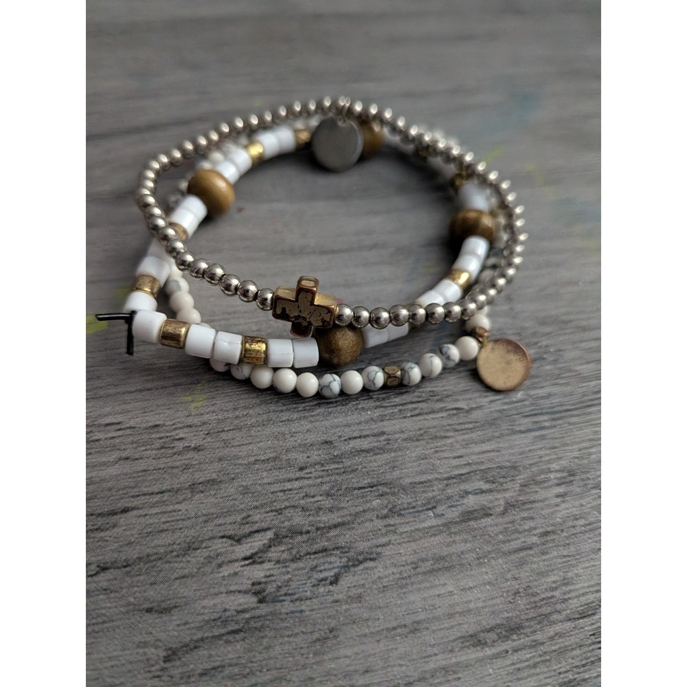 Boho Mixed Metal Beaded Stretch Bracelet Stack Cross Charm White Marble 3 Piece